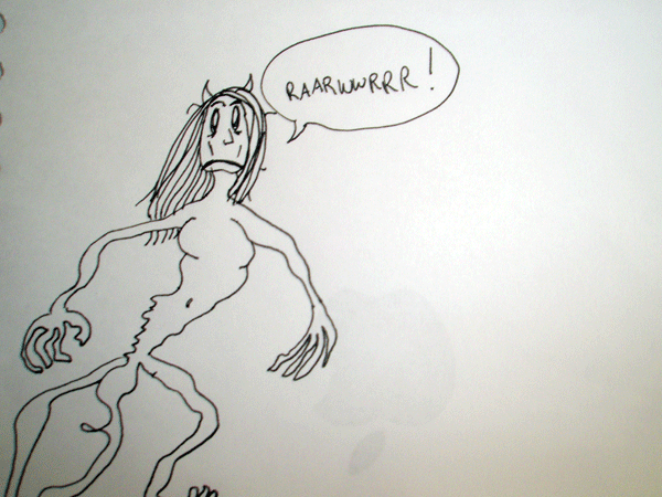 Line drawing of Anna with devil horns. A speech bubble proclaims RAAAWR