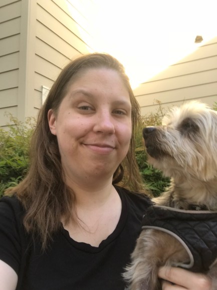 Photo of Anna with her Yorkie, Noodle